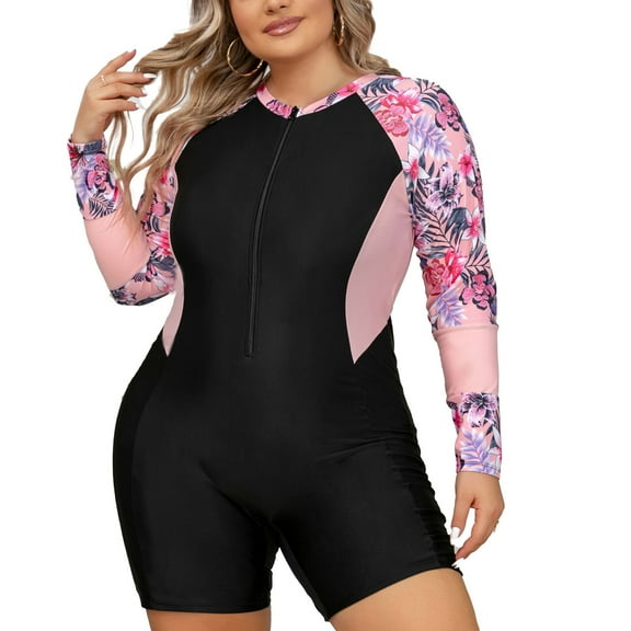 SWSMCLT Women's Plus Size Zip Up Rash Guard Swimsuit Floral Printed Rashguard Full Coverage Modest Swimwear Long Sleeve Bathing Suit Padded Surfing Lap Swimming Scuba Black 14