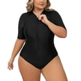 thumbnail image 1 of SWSMCLT Women's Plus Size Zip Up Rash Guard Swimsuit Swimming Scuba Rashguard Full Coverage Modest Swimwear One Piece Short Sleeve Zipper Front Bathing Suit Beach Padded Surfing Lap Black 18, 1 of 5