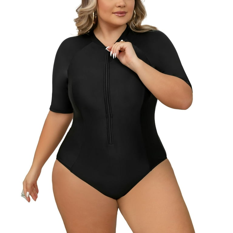 SWSMCLT Women's Plus Size Zip Up Rash Guard Swimsuit Swimming