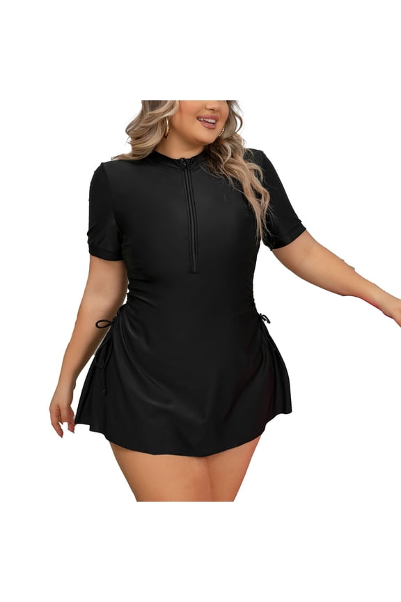 Women's Plus Size Zip Up Swimdress Solid 2 Piece Short Sleeve Full Coverage Modest Swimwear Skirted Swimsuit Bathing Suit Skirt Padded Ruched Lap Swimming Scuba Rashguard Black 20