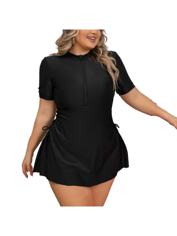 Women's Plus Size Zip Up Swimdress Solid 2 Piece Short Sleeve Full Coverage Modest Swimwear Skirted Swimsuit Bathing Suit Skirt Padded Ruched Lap Swimming Scuba Rashguard Black 20