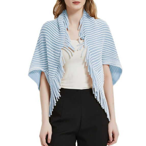 SWSMCLT Women's Poncho Cape Thick Winter Fringe Knit Bolero Shrug Sweater Crop Tops Fashion Half Sleeve Capelet Blue One Size
