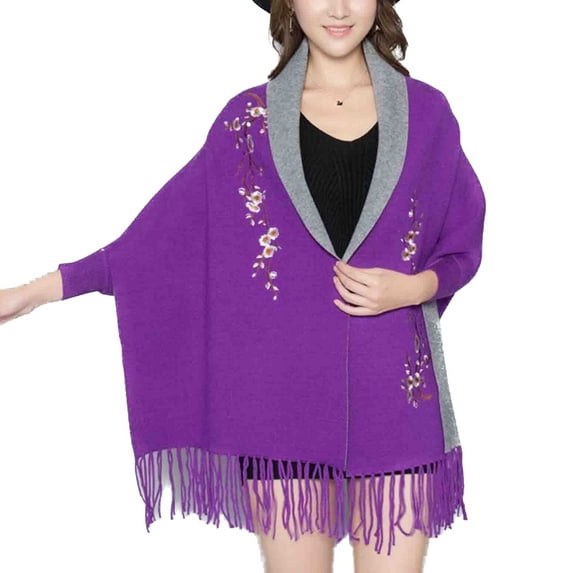 SWSMCLT Women's Poncho Cape Vintage Poncho Coat Scarf Batwing Sleeve Long Sleeve Warm Cardigan Oversized Fringe Winter Purple One Size