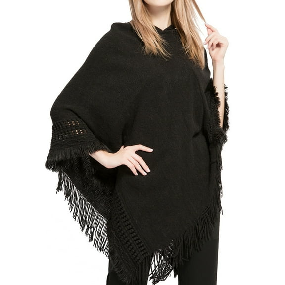 SWSMCLT Women's Poncho Sweater Ponchos and Wraps Soft Knit Winter Warm Blanket Wrap Shawl Pashmina Hooded Cape Casual Fringe Crochet Black One Size