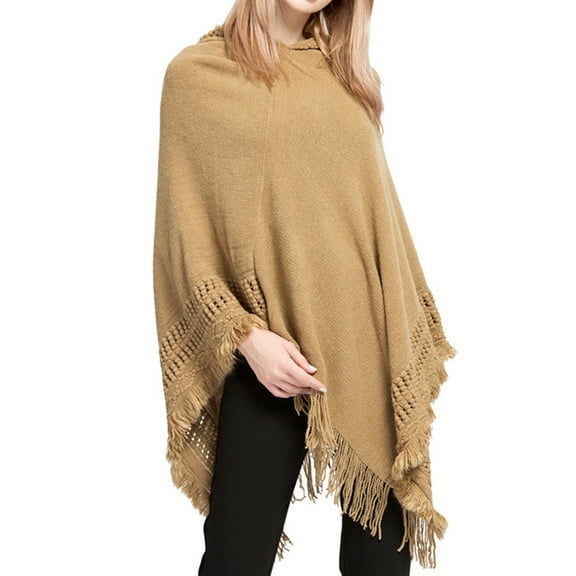 SWSMCLT Women's Poncho Sweater Ponchos and Wraps Soft Knit Winter Warm Blanket Wrap Shawl Pashmina Hooded Cape Casual Fringe Crochet Khaki One Size