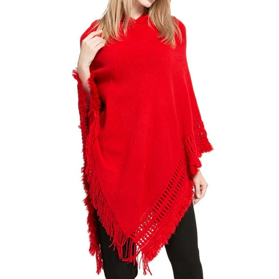 SWSMCLT Women's Poncho Sweater Ponchos and Wraps Soft Knit Winter Warm Blanket Wrap Shawl Pashmina Hooded Cape Casual Fringe Crochet Red One Size