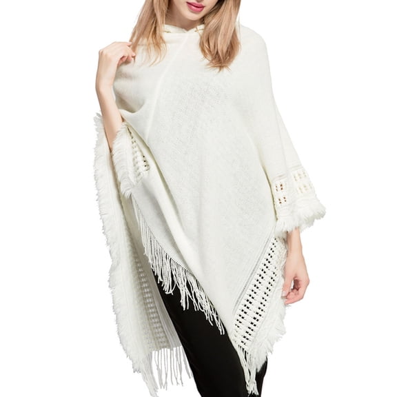 SWSMCLT Women's Poncho Sweater Ponchos and Wraps Soft Knit Winter Warm Blanket Wrap Shawl Pashmina Hooded Cape Casual Fringe Crochet White One Size