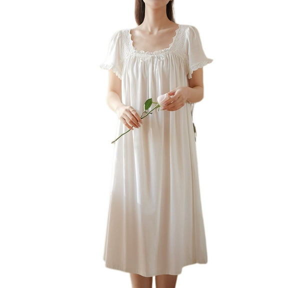 SWSMCLT Women's Princess Nightgown Soft Short Sleeve Vintage Fall Knee Length Sleepwear Cotton Pajamas Summer White Large