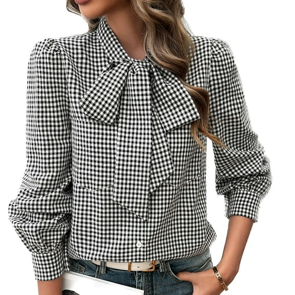 SWSMCLT Women's Puff Sleeve Blouse Button Up Shirt Fashion Fall Slim Fit Long Sleeve Casual Summer Soft Plaid Bowknot Neck Top Black Large