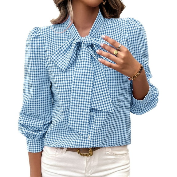 SWSMCLT Women's Puff Sleeve Blouse Button Up Shirt Fashion Fall Slim Fit Long Sleeve Casual Summer Soft Plaid Bowknot Neck Top Blue X-Large
