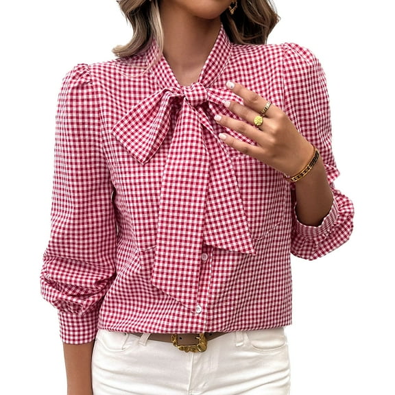 SWSMCLT Women's Puff Sleeve Blouse Button Up Shirt Fashion Fall Slim Fit Long Sleeve Casual Summer Soft Plaid Bowknot Neck Top Red Medium