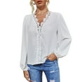 thumbnail image 1 of SWSMCLT Women's Puff Sleeve Blouse Deep V Neck Top Long Sleeve Soft Sexy Embroidered Casual Fall Blouse Shirt White Large, 1 of 4