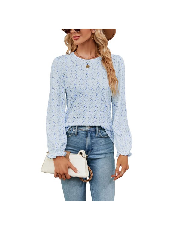 Women's Puff Sleeve Blouse Elegant Bishop Sleeve Ruffle Shirt Soft Floral Printed Peasant Long Sleeve Light Blue Large