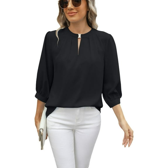 SWSMCLT Women's Puff Sleeve Top Soft Ruched Loose Shirt Blouse High Neck 3/4 Sleeve Casual Fall Date Night Black Large