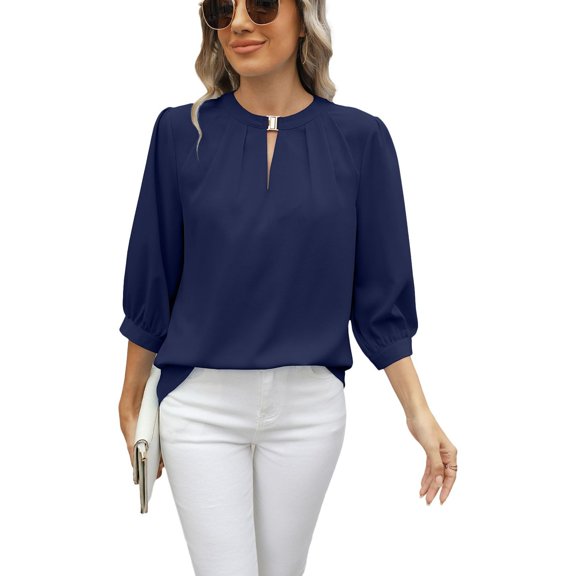 SWSMCLT Women's Puff Sleeve Top Soft Ruched Loose Shirt Blouse High Neck 3/4 Sleeve Casual Fall Date Night Navy X-Large
