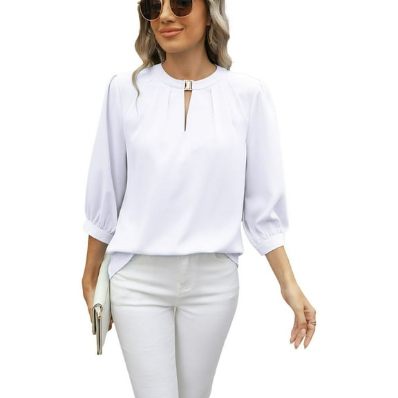 SWSMCLT Women's Puff Sleeve Top Soft Ruched Loose Shirt Blouse High Neck 3/4 Sleeve Casual Fall Date Night White Large