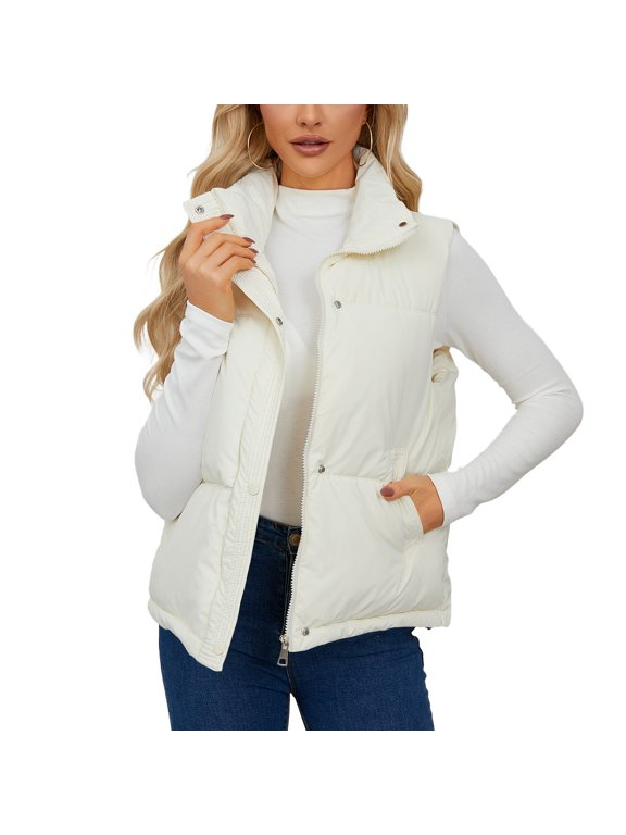 Women's Puffer Vest Puffy Fall Quilted Sleeveless Jacket Insulated Casual Pocket Full Zip Winter Slash Pocket Tank Top Beige Medium