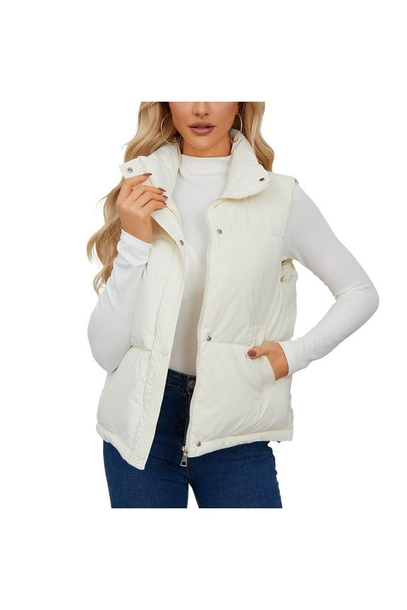 Women's Puffer Vest Puffy Fall Quilted Sleeveless Jacket Insulated Casual Pocket Full Zip Winter Slash Pocket Tank Top Beige X-Large