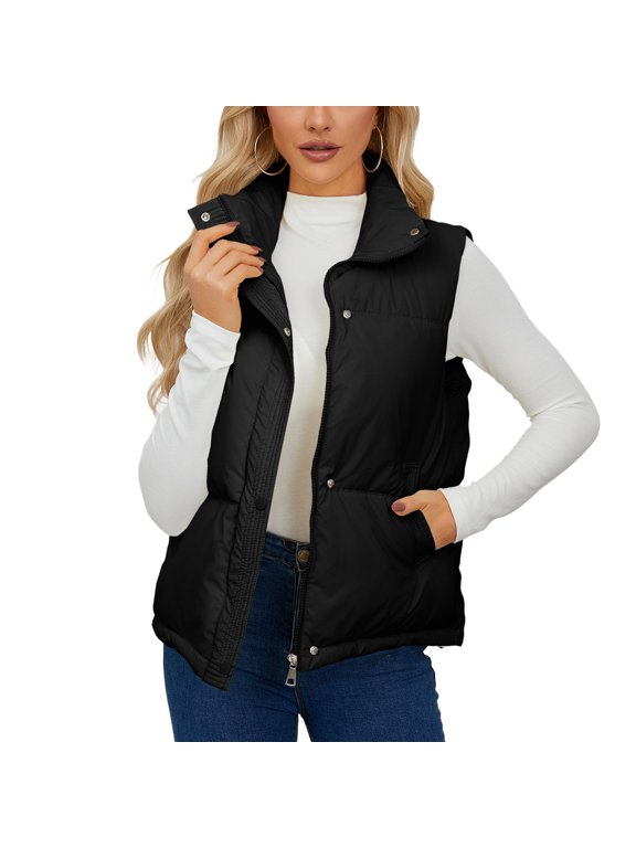 Women's Puffer Vest Puffy Fall Quilted Sleeveless Jacket Insulated Casual Pocket Full Zip Winter Slash Pocket Tank Top Black Large
