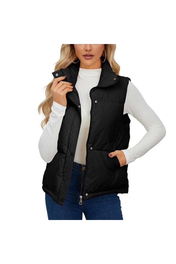 Women's Puffer Vest Puffy Fall Quilted Sleeveless Jacket Insulated Casual Pocket Full Zip Winter Slash Pocket Tank Top Black Large