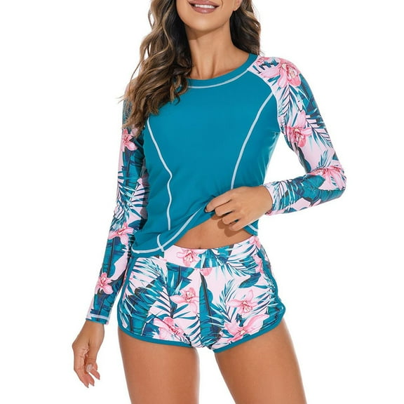 SWSMCLT Women's Rash Guard 2 Piece Swimsuit Long Sleeve Swimming Uv Protection Swimwear Rash Guard High Waisted Surf Short Peacock Blue 4