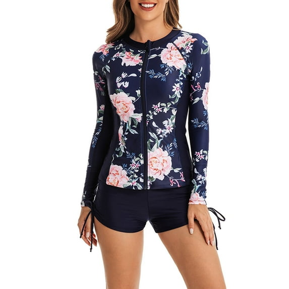 SWSMCLT Women's Rash Guard Long Sleeve Bathing Suit Padded Swimming Short SpandexModest 2 Piece Beach Boyleg Swimsuit 45Dark Blue XX-Large