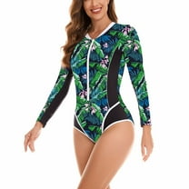 SWSMCLT Women's Rash Guard Long Sleeve Slimming Surfing Surf Padded Zipper Zip Up Swimsuit Modest One Piece Swimwear Beach Printed Flower Medium