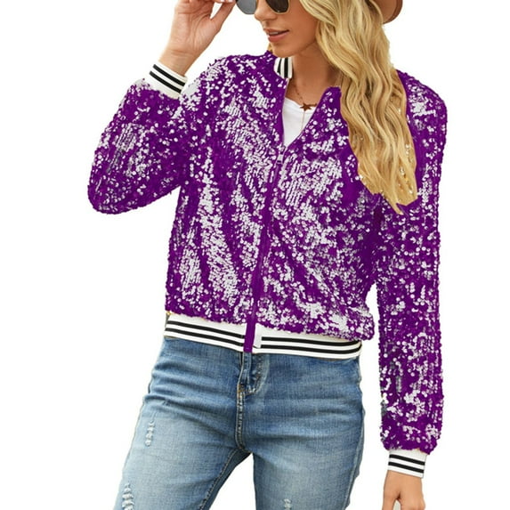 SWSMCLT Women's Regular Fit Jackets & Coats Halloween Outfit Winter Jacket Long Sleeve Sequin Fall Zip Up Purple 10