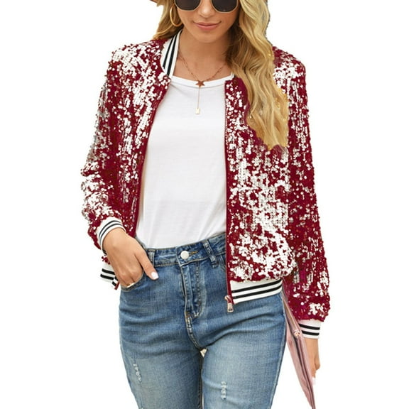 SWSMCLT Women's Regular Fit Jackets & Coats Halloween Outfit Winter Jacket Long Sleeve Sequin Fall Zip Up Red 12