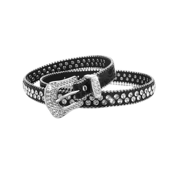 SWSMCLT Women's Rhinestone Belt Fashion Western Cowgirl Faux Leather Diamond Beaded Dance Disco Bling Sparkle Vintage Crystal Studded Belt Medium Black 100cm fits 26.5inches-31.5 inches