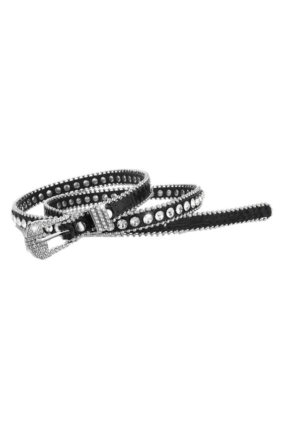 Women's Rhinestone Belt Fashion Western Cowgirl Faux Leather Diamond Beaded Dance Disco Bling Sparkle Vintage Crystal Studded Belt Thin Skinny Black 110cm fits 31.6inches-36.5inches