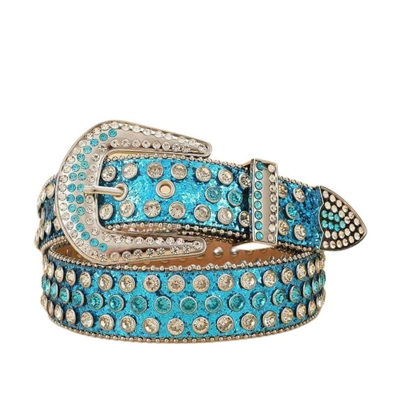 SWSMCLT Women's Rhinestone Fashion Medieval Bling Beaded Faux Leather Belt D Ring Mardi Gras Buckle Vintage Light Blue 37"-39"