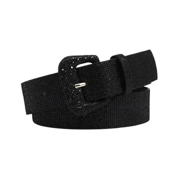 SWSMCLT Women's Rhinestone Faux Leather Belt for Dress Bling Shiny Sparkle Glitter Party Belts Casual Square Buckle Fashion Black One Size