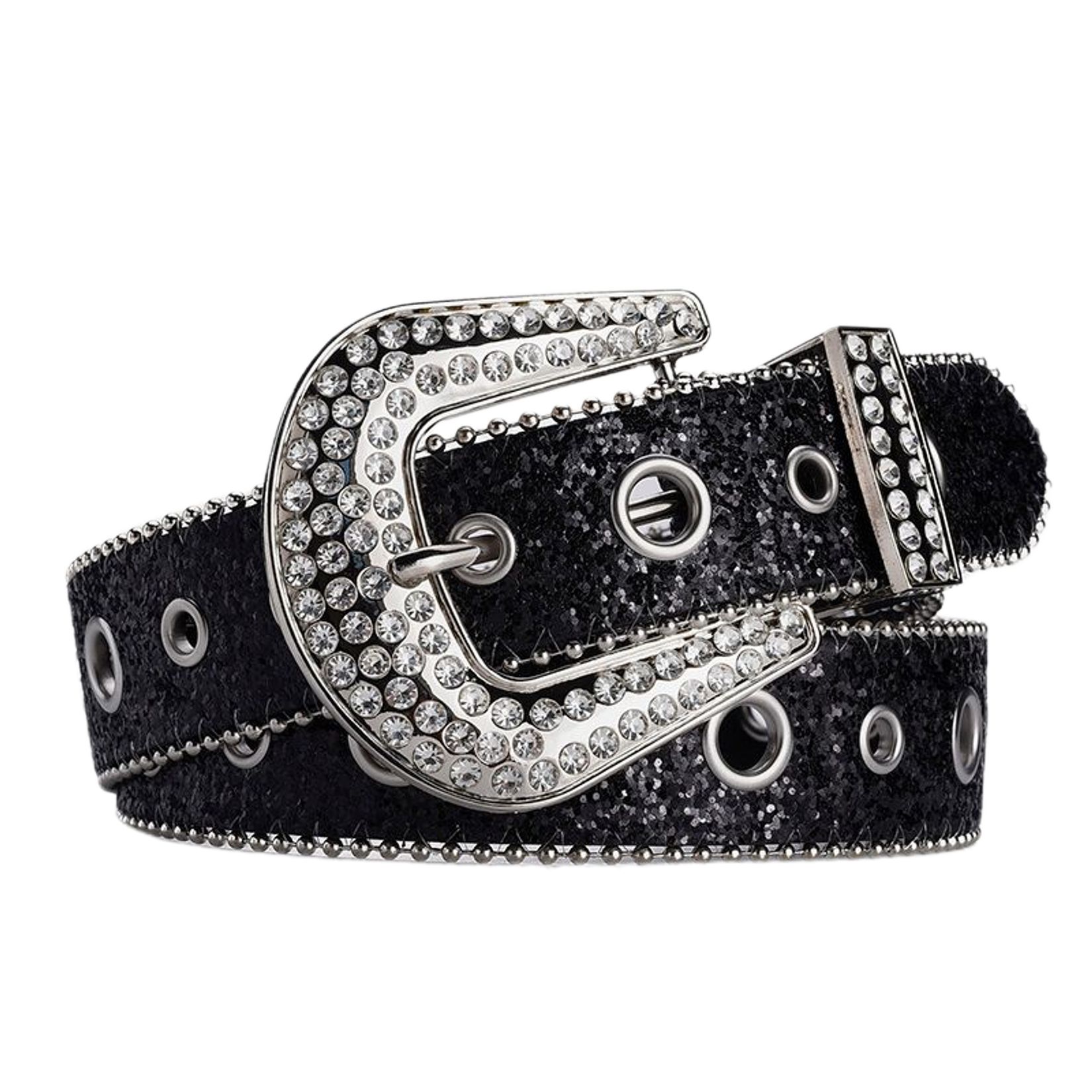 Adjustable PU Leather Belt with Rhinestone Buckle, 40\