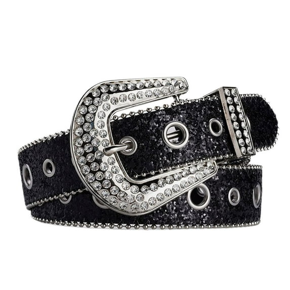 SWSMCLT Women's Rhinestone Jeweled Belt Metallic Slimming Vintage Summer Holographic Fashion Metal Buckle Black One Size