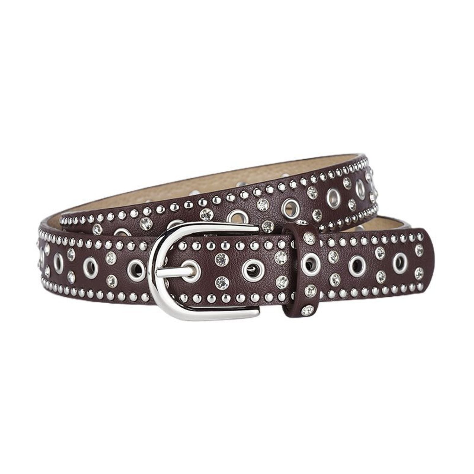 SWSMCLT Women's Rhinestone Ratchet Belt Faux Leather Metal Buckle
