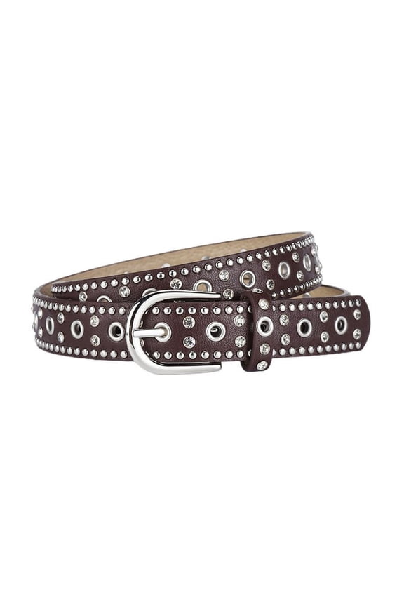 Women's Rhinestone Ratchet Belt Faux Leather Metal Buckle Groove Belt Adjustable Belts Buckle Casual Studded D Ring Coffee X-Small-Large