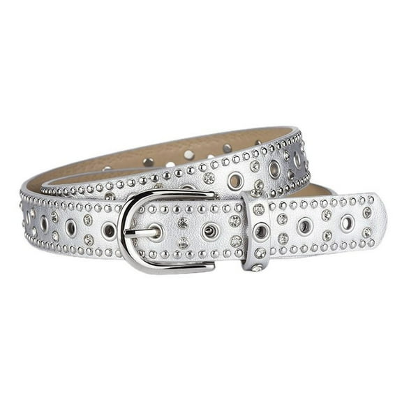 SWSMCLT Women's Rhinestone Ratchet Belt Faux Leather Metal Buckle Groove Belt Adjustable Belts Buckle Casual Studded D Ring Silver X-Small-Large