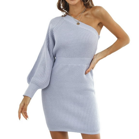 SWSMCLT Women's Ribbed Knit Knitted One Shoulder Bishop Sleeve Long Sleeve Bodycon Dress Sexy Fall Winter Mini Backless Wedding Cocktail Party Short Sweater Dresses Purple Lavender 12
