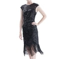 thumbnail image 1 of SWSMCLT Women's Roaring 20s Plus Size Flapper Dresses Sparkle Rhinestone Fringe Disco Party Masquerade Sequin Gatsby Dress Vintage Boat Neck Sleeveless Tassel Illusion Silver Black Small, 1 of 2