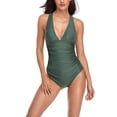 thumbnail image 1 of SWSMCLT Women's Ruched Backless Bathing Suit Sexy Swimsuit Padded One Piece Swimsuit Cheeky Beach Swimming Army Green 4-6, 1 of 4