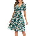 thumbnail image 1 of SWSMCLT Women's Ruched Spring Sundress Summer Floral Dress Short Sleeve Dresses V Neck Midi Holiday Boho Dinner Beach Green Medium, 1 of 4