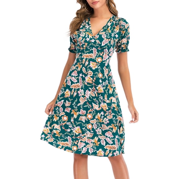 SWSMCLT Women's Ruched Spring Sundress Summer Floral Dress Short Sleeve Dresses V Neck Midi Holiday Boho Dinner Beach Green Small