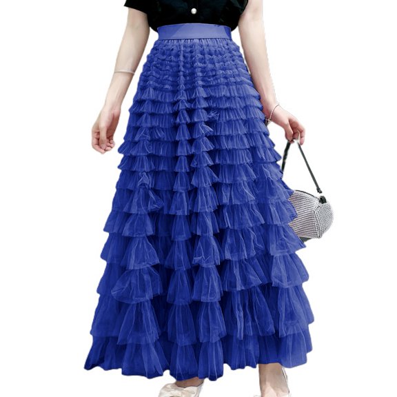 SWSMCLT Women's Ruffle Maxi Skirt Cute Casual Overlay Basic Fashion Tiered Long Tulle Skirt Elastic Waist Layered Royal Blue Large