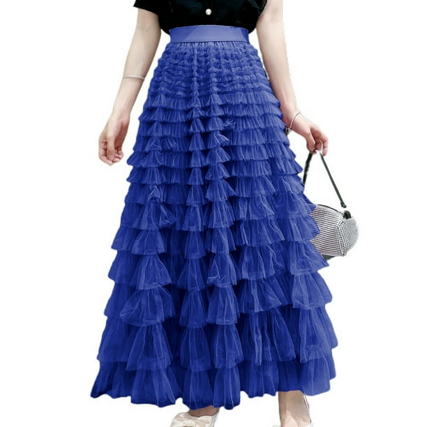 SWSMCLT Women's Ruffle Maxi Skirt Cute Casual Overlay Basic Fashion Tiered Long Tulle Skirt Elastic Waist Layered Royal Blue Large
