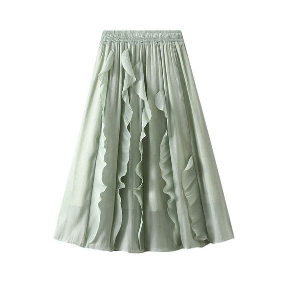 SWSMCLT Women's Ruffle Skirt Pleated Chiffon Elastic Waist Fashion A Line Summer Flowy Spring Elastic Elegant Light Green Small-Large