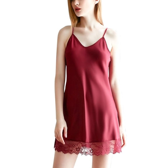 SWSMCLT Women's Satin Chemise Nightgown Soft Pjs V Neck Sleeveless Loungewear Sexy Silky Summer Valentines Day Spring Cami Burgundy Large