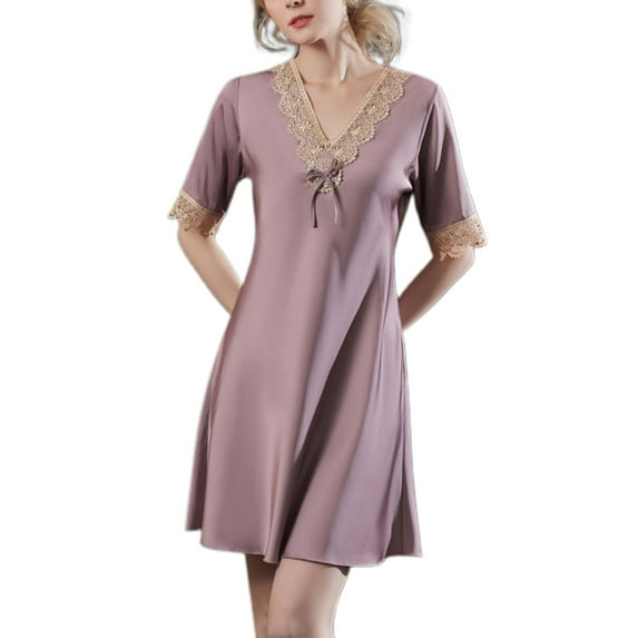 SWSMCLT Women's Satin Nightgown Summer Vintage Soft Casual Fall Lace V Neck Nightgown Short Sleeve Pajama Night Dress Purple XX-Large