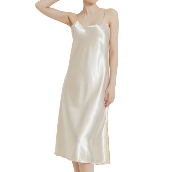 SWSMCLT Women's Satin Nightgowns Soft Chemise Luxury Low Back Nighty Tea Length Night Gown Pajama Dress Silky Loungewear Golden Large