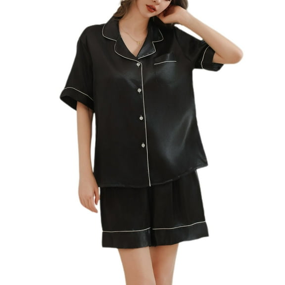 SWSMCLT Women's Satin Pajama Set Short Sleeve Button Down Classic Pajamas Summer Pjs 2 Piece Shorts Silky Cool Black Small